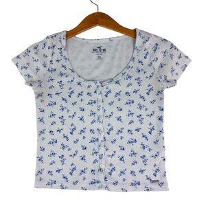 Floral Ribbed T-Shirt Hollister Women’s XS White Blue Short Sleeve Casual Top